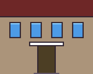 A modest painted building facade, 80 by 64 pixels, shown at 4x scale: a tan wall, a dark red roof band, four blue-glass windows with light top edges, a brown door with a step, and a blank white sign panel above the door.